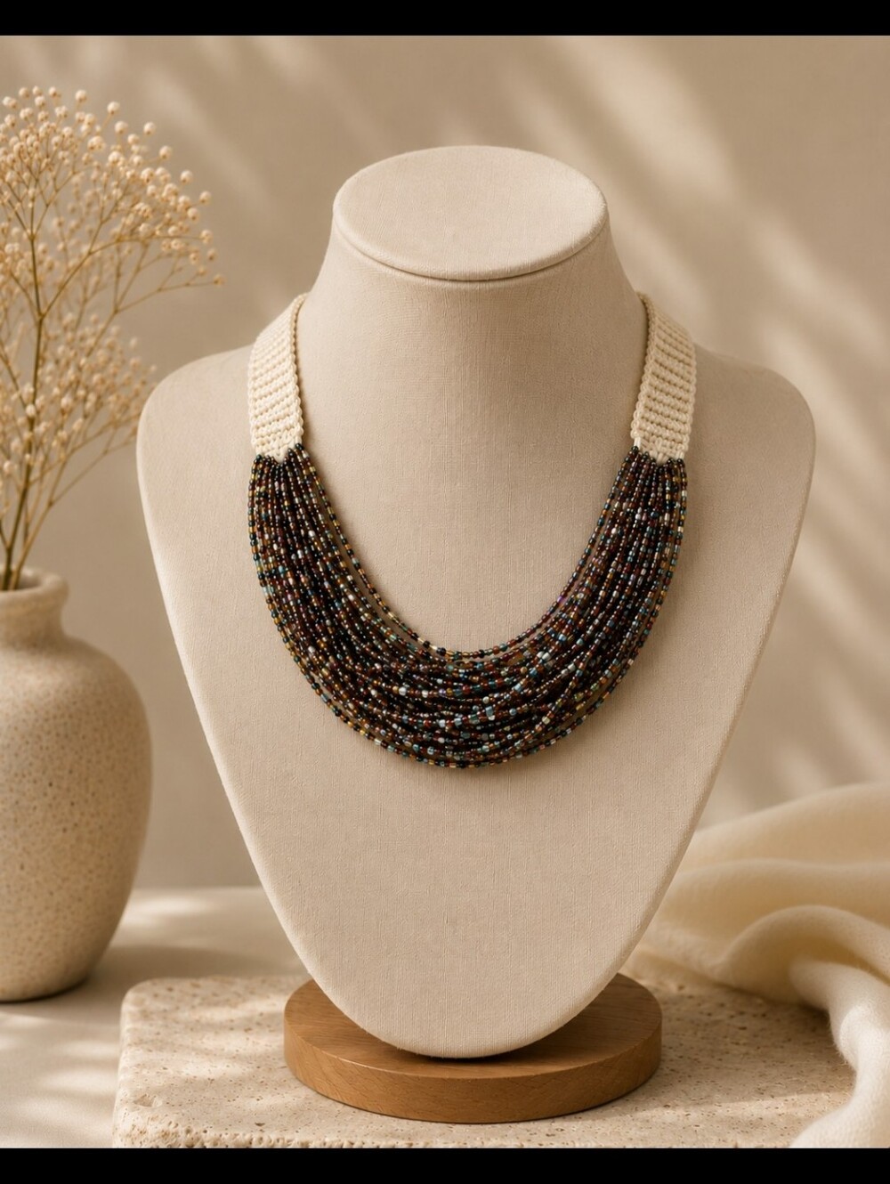 Multistrand Beaded Statement Necklace in Multi Color And Crochet Back.